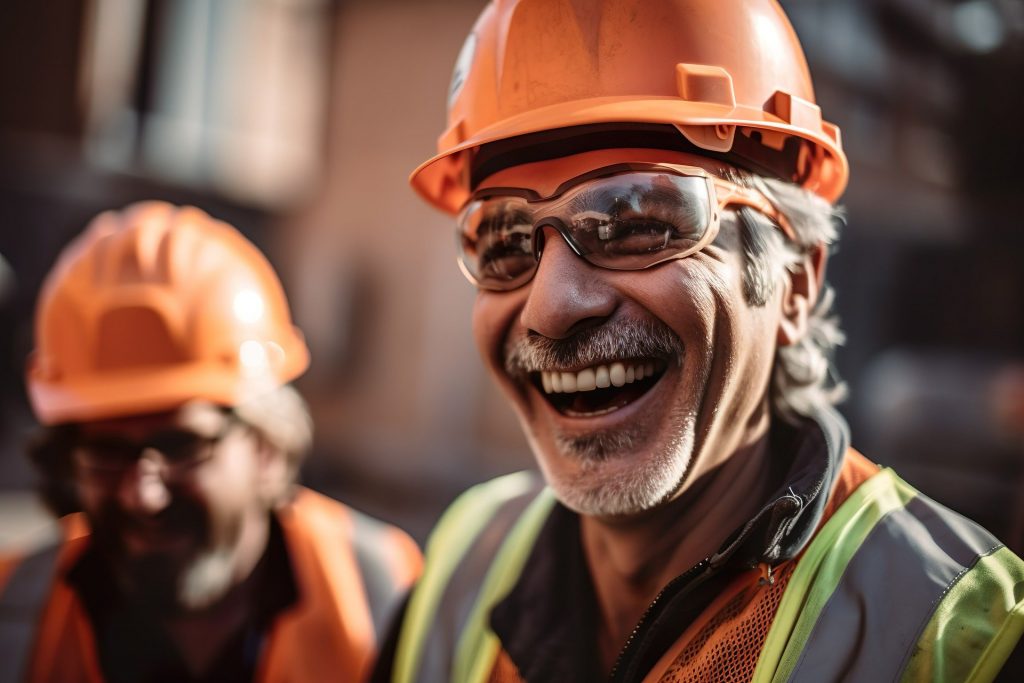Zwei Bauarbeiter tragen orangefarbene Schutzhelme und reflektierende Westen. Der Arbeiter im Vordergrund lacht herzlich und trägt eine Schutzbrille, während der andere Arbeiter im Hintergrund leicht unscharf ist und ebenfalls lächelt. Die Szene wirkt fröhlich und entspannt.