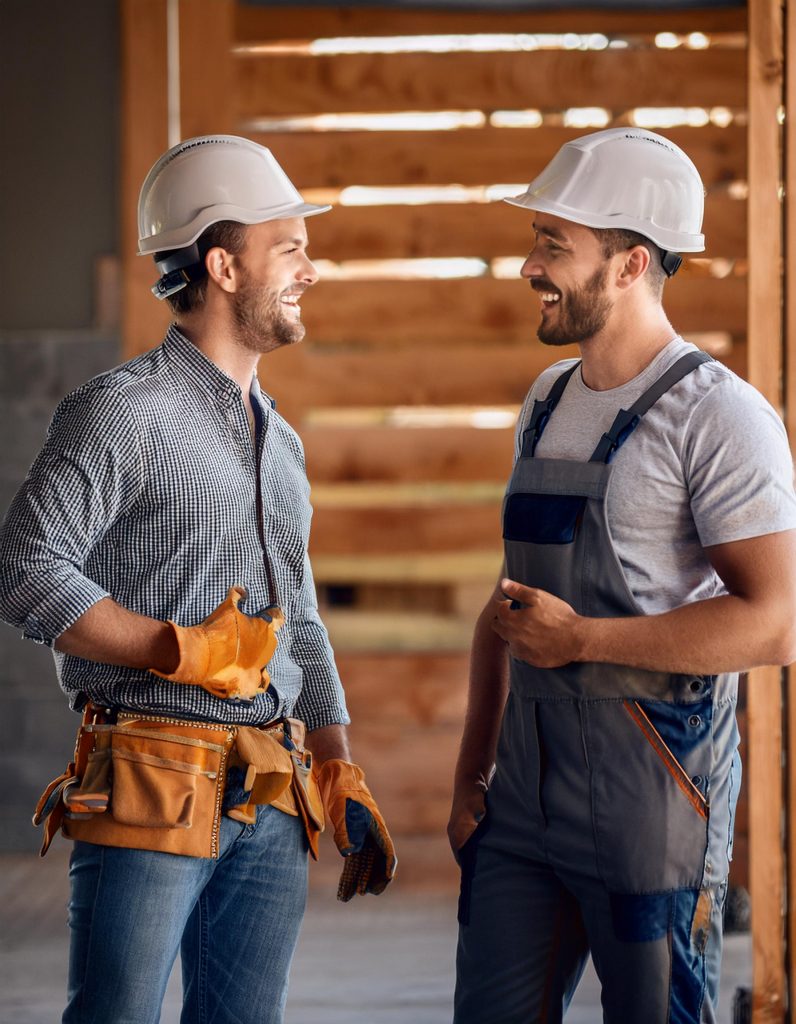 Zwei Bauarbeiter stehen auf einer Baustelle und unterhalten sich fröhlich. Beide tragen weiße Schutzhelme. Der Arbeiter links trägt ein kariertes Hemd, Jeans und einen Werkzeuggürtel, während der Arbeiter rechts in einer grauen Latzhose und einem T-Shirt gekleidet ist. Sie lachen und wirken zufrieden, während sie sich in einer halbgebauten Holzkonstruktion unterhalten.